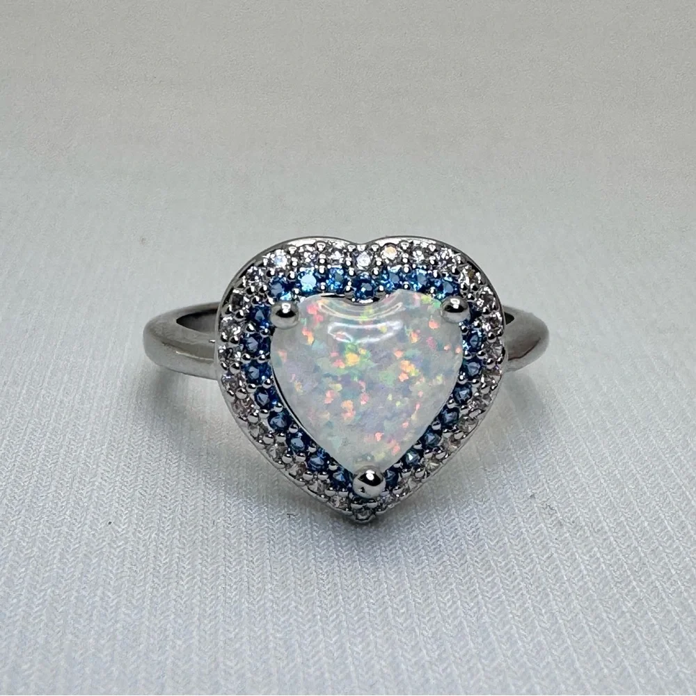New Faux Opal Heart Halo Ring Blue White Diamond CZ Silver Boho Glam Statement